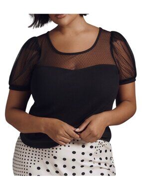 Maeve Anthropologie Sheer Yoke Sweetheart Top Puff Sleeve Size XL Black